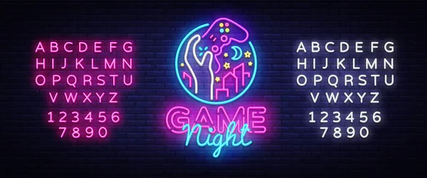 Game Night neon sign logo design template. Game night logo in neon style, gamepad in hand, video game concept, modern trend design, light banner, bright advertisement. Vector. Editing text neon sign — Stock Vector