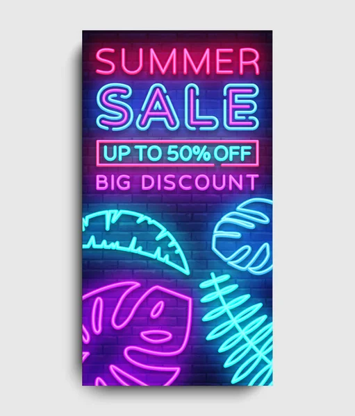 Summer Sale vertical banner design template vector. Neon sign, modern trend design, neon style webbanner, bright neon advertizing. Vector illustration — Stock Vector