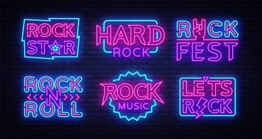 Rock müzik Neon işaret koleksiyonu vektör. Tasarım şablonu neon tabela Rock müzik, Rock Müzik Festivali, konser için afiş, parlak gece reklam, tasarım öğeleri yak. Vektör