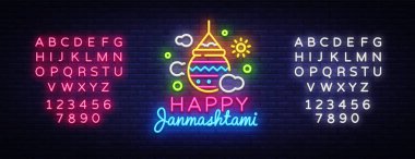 Mutlu Janmashtami tebrik kartı neon vektör tasarım şablonu. Neon tabela, modern trend tasarım Hint Festivali için. Dahi handi Janmashtami kutlama var. Şablon el ilanı. Vektör. Metin neon işareti düzenleme
