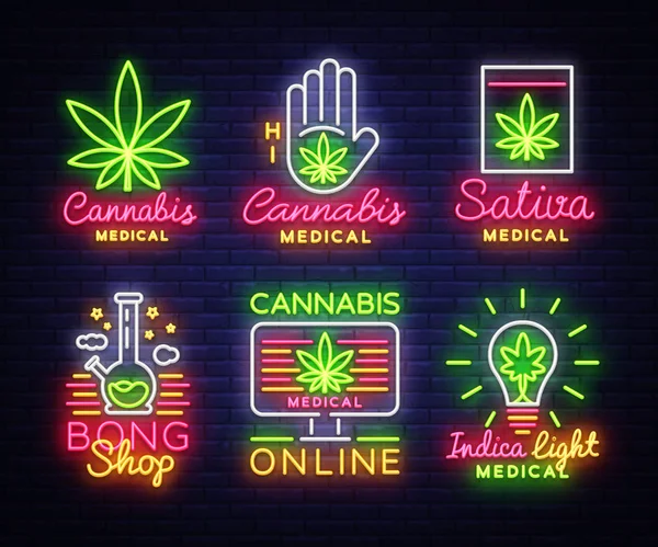 Marihuana tıbbi logolar büyük koleksiyonu Neon vektör. Tasarım kavramı esrar Online, nargile salonu, Indica, depolama ve cannabino tıbbi malzeme, büyüyen Sativa, afiş ışık. Vektör çizim