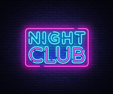 Gece kulübü neon işareti vektör. Gece kulübü tasarım şablonu neon tabela, ışık afiş, neon tabela, parlak reklam, her gece yazıt ışık. Vektör çizim