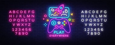 Neon işareti vektör Gamepad ve Smartphone. Oyunlar Smartphone logo, Modern Trend tasarım, amblem için şablon, ışık afiş, gece canlı Video oyunu promosyon vektör. Vektör. Metin neon işareti düzenleme