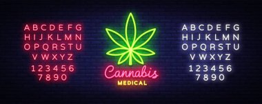 Marihuana tıbbi neon tabela ve logosu, modern trend tarzı grafik şablonu. Esrar bir organik kenevir olduğunu. Yeşil çiftlik vektörel çizimler. Metin neon işareti düzenleme