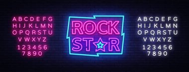 Rock yıldız Neon işareti vektör çizim. Şablon neon tabela Rock müzik, ışık afiş, parlak gece reklam tasarım. Vektör. Metin neon işareti düzenleme