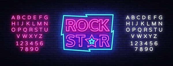 Rock Star Neon Sign Vector Illustration (en inglés). Plantilla de diseño letrero de neón en Rock Music, Banner de luz, Bright Night Advertising. Vector. Edición de texto signo de neón — Vector de stock