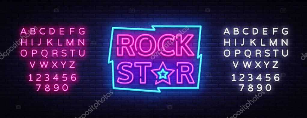 Rock Star Neon Sign Vector Illustration. Design template neon signboard on Rock Music, Light banner, Bright Night Advertising. Vector. Editing text neon sign.