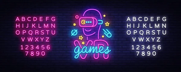 Vr Spiele Neon Sign Vektor. Virtual-Reality-Logotyp-Spiele, Emblem im modernen Trenddesign, Vektorschablone, Lichtbanner, lebendige Videospielwerbung in der Nacht, Gestaltungselement. Vektor. Leuchtreklame bearbeiten — Stockvektor