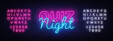 Gece duyuru poster vektör tasarım şablonu quiz. Gece neon tabela, ışık afiş quiz. Pub quiz pub ya da bar, gece kulübü düzenledi. Pub takım oyunu. Sorular oyunu. Vektör. Metin neon işareti düzenleme
