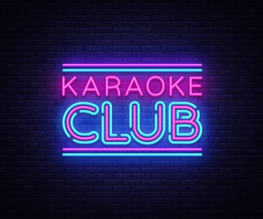 Karaoke Club neon işareti vektör. Karaoke tasarım şablonu neon tabela, ışık afiş, neon tabela, parlak reklam, her gece yazıt ışık. Vektör çizim