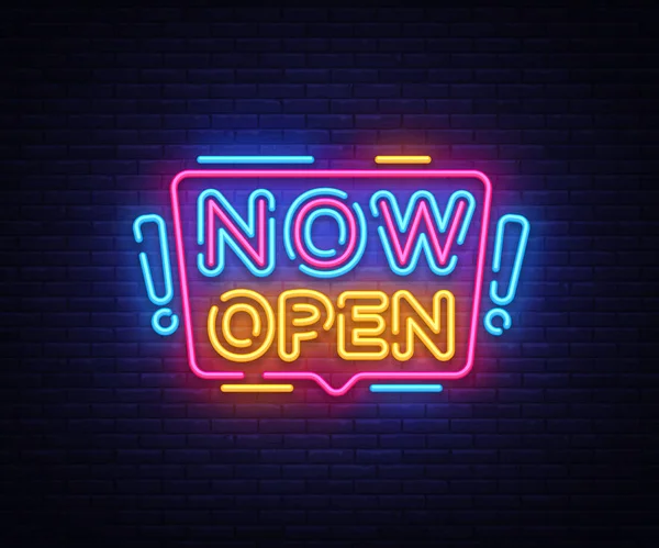 Ora apri il vettore dei segni al neon. Ora Open Design modello neon segno, banner luce, cartello al neon, notte pubblicità brillante, iscrizione luce. Illustrazione vettoriale — Vettoriale Stock