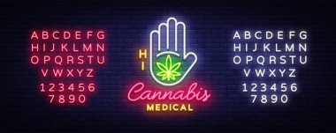 Marihuana tıbbi neon tabela ve logosu, modern trend tarzı grafik şablonu. Esrar bir organik kenevir olduğunu. Yeşil çiftlik vektörel çizimler. Metin neon işareti düzenleme