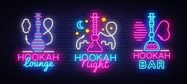 Nargile neon koleksiyonu vektör imzalar. Gece nargile tasarım şablonu, parlak tabela, ışık afiş, gece parlak reklam tasarım öğesi nargile amblemi, gece hayatı. Vektör çizim