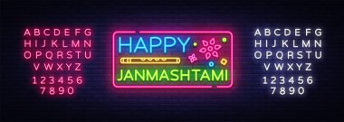 Mutlu Janmashtami vektör tebrik kartı neon. Modern eğilim tasarım vektör şablonu. Krişnalara Doğum günü için tebrik kartı. Hint topluluğunun Festivali Krishna Janmashtami. Metin neon işareti düzenleme