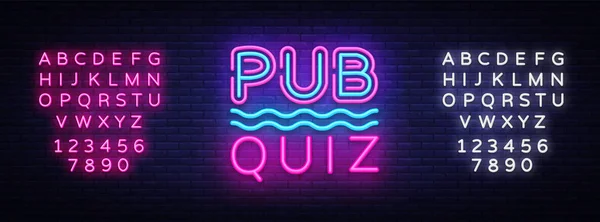 Pub Quiz gece duyuru poster vektör tasarım şablonu. Neon tabela, ışık afiş quiz. Pub quiz pub ya da bar, gece kulübü düzenledi. Pub takım oyunu. Sorular oyunu. Vektör. Metin neon işareti düzenleme — Stok Vektör