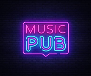 Müzik Pub neon işareti vektör. Canlı müzik tasarım şablonu neon tabela, ışık afiş, neon tabela, her gece parlak reklam, ışık yazıt. Vektör çizim