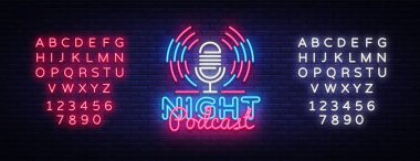 Podcast neon işareti vektör. Gece Podcast tasarım şablonu neon tabela, ışık afiş, neon tabela, her gece parlak reklam, ışık yazıt. Vektör çizim. Metin neon işareti düzenleme
