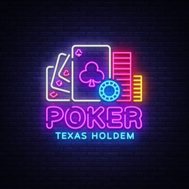Poker neon tabela tasarım vektör şablonu. Casino Poker Texas Holdem gece Logo, parlak Neon tabela, tasarım öğesi Casino, kumar Neon, gece parlak reklam için. Vektör