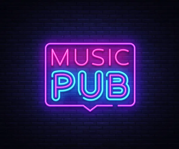 Music Pub neon sign vector. Live Music desain template neon sign, light banner, neon signboard, nightly bright advertising, light inscription. Ilustrasi vektor - Stok Vektor