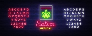Marihuana tıbbi Logo Neon vektör. Sativa tıbbi, esrar yasaktır, depolama ve cannabino tıbbi malzeme, tarımı ışık afiş, tasarım şablonu. Vektör. Metin neon işareti düzenleme