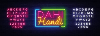 Dahi Handi kutlama tasarım şablonu. Janmashtami neon stil, ışık afiş, modern trend tasarım. Hint tatil Krişnalara Doğum günü. Vektör çizim. Metin neon işareti düzenleme