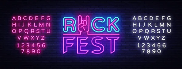 Rock Fest logotyp i neon stil. Rock Festival natt neonskylt, design mall vektorillustration för Rock Festival, konsert, Live musik, ljus banner. Vektorillustration. Redigera text neonskylt — Stock vektor