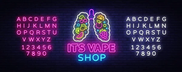 Vape가 게 네온 사인 벡터. Vaping 스토어 로고 엠 블 럼 네온, 폐와 과일, 흡연을 싸움의 Vape 상점 개념 광고에 대 한 최신 유행 디자이너 요소입니다. 벡터입니다. 편집 텍스트 네온 사인 — 스톡 벡터