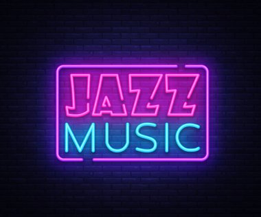 Caz müzik neon işareti vektör. Caz müzik tasarım şablonu neon tabela, ışık afiş, neon tabela, parlak reklam her gece. Vektör çizim