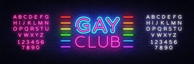 Eşcinsel kulübü neon işareti vektör. Gay Club tasarım şablonu neon tabela, ışık afiş, neon tabela, parlak reklam, her gece yazıt ışık. Vektör çizim. Metin neon işareti düzenleme