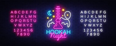 Nargile neon işareti vektör. Gece nargile tasarım şablonu, parlak tabela, ışık afiş, gece parlak reklam tasarım öğesi nargile amblemi, gece hayatı. Vektör. Metin neon işareti düzenleme