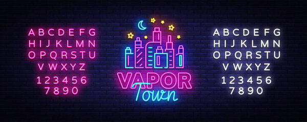 Vape shop neon sign vector. Vaping Store Logo Emblem Neon, Its Vape Shop Concept Vapor Town, Fighting Smoking. Trendy designer elements for print and advertising. Vector. Editing text neon sign