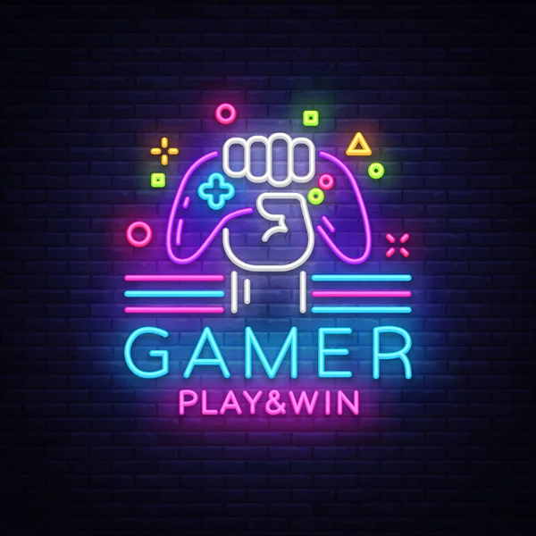 Gamer Play Win logo neon sign Vector logo design template. Game night logo in neon style, gamepad in hand, modern trend design, light banner, bright nightlife advertisement. Vector illustration — Stock Vector