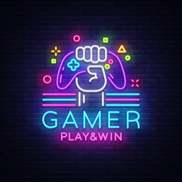 Gamer spielen gewinnen Logo Neon Sign Vektor Logo Design-Vorlage. Game Night Logo im Neon-Stil, Gamepad in der Hand, modernes Trenddesign, Lichtbanner, helle Nachtleben-Werbung. Vektorillustration — Stockvektor