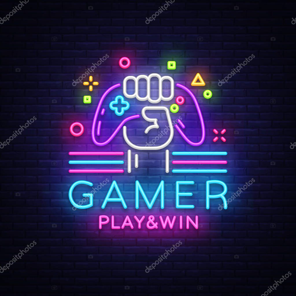 Gamer Play Win logo neon sign Vector logo design template. Game night logo in neon style, gamepad in hand, modern trend design, light banner, bright nightlife advertisement. Vector illustration.