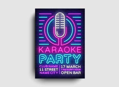 Karaoke partisi poster neon vektör. Karaoke gecesi tasarım şablonu, parlak neon broşür, modern trend tasarım, ışık banner, reklam kartpostal partisine tipografi davet. Vektör çizim