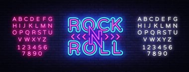 Rock and Roll logo neon tarzı. Rock müzik neon gece tabela, tasarım şablonu vektör çizim Rock Festival, konser, canlı müzik, ışık afiş için. Vektör. Metin neon işareti düzenleme