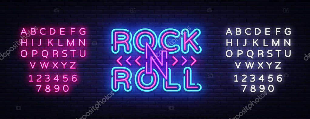 Rock and Roll logo in neon style. Rock Music neon night signboard, design template vector illustration for Rock Festival, Concert, Live music, Light banner. Vector. Editing text neon sign.