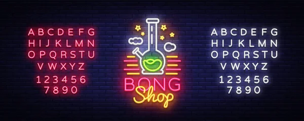 Bong Shop sinal de néon. Modelo de design de logotipo para publicidade de loja ou sinalização. Aparelho de fumar tabaco. Ilustração vetorial. Edição de texto sinal de néon —  Vetores de Stock