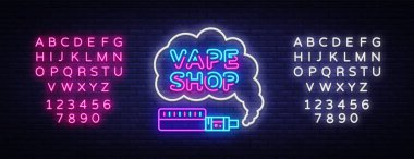 Vape dükkanı Logo Neon vektör. Vape neon tabela tasarım tema elektronik sigara, ışık afiş, gece parlak reklam Vaping mağaza, modern modern tasarım şablonu. Vektör. Metin neon işareti düzenleme