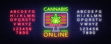 Marihuana tıbbi Logo Neon vektör. Online esrar, esrar sigara, depolama ve cannabino tıbbi malzeme, ışık afiş, büyüyen tasarım şablonu. Vektör çizim. Metin neon işareti düzenleme