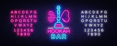 Nargile Bar neon işareti vektör. Gece nargile tasarım şablonu, parlak tabela, ışık afiş, gece parlak reklam tasarım öğesi nargile amblemi, gece hayatı. Vektör. Metin neon işareti düzenleme