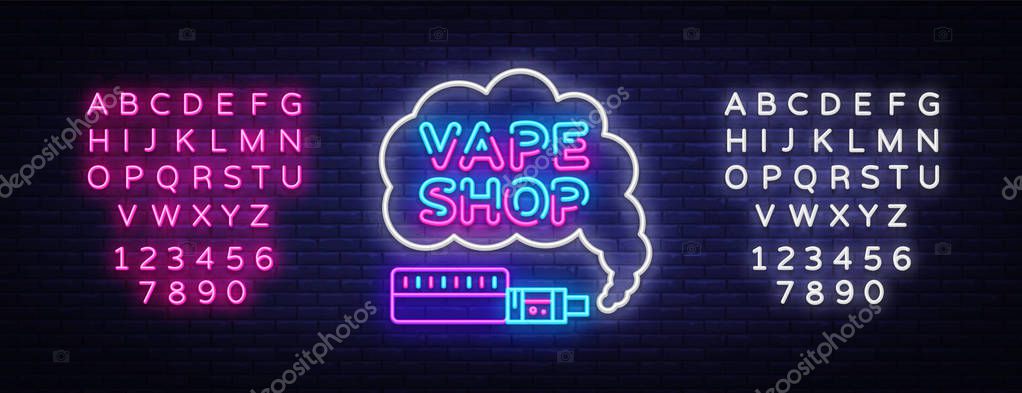 Vape Shop Logo Neon Vector. Vape neon sign design template on theme electronic cigarettes, light banner, night bright advertising Vaping store, Trendy modern design. Vector. Editing text neon sign.