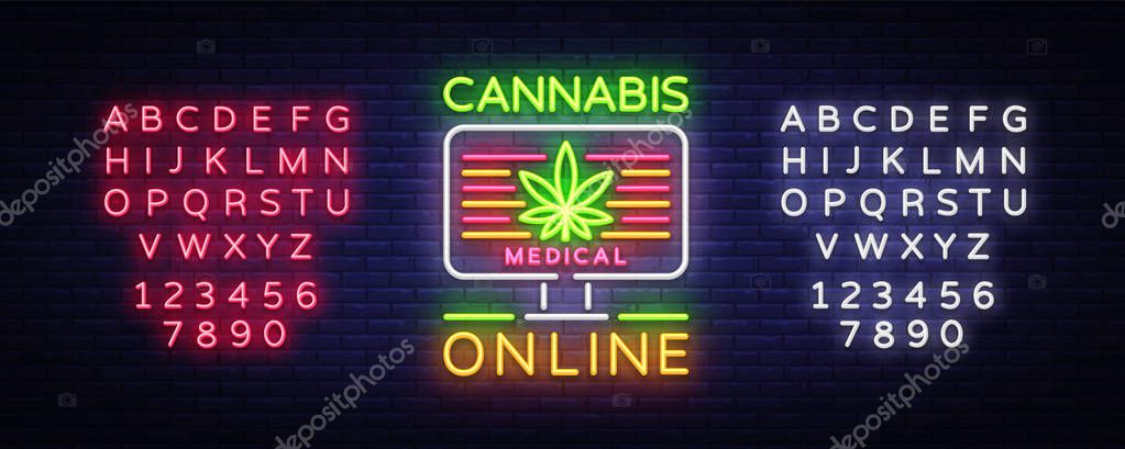 Marijuana Medical Logo Neon Vector. Cannabis Online, Marijuana smoking, storing and growing cannabino medical equipment, light banner, design template. Vector illustration. Editing text neon sign.