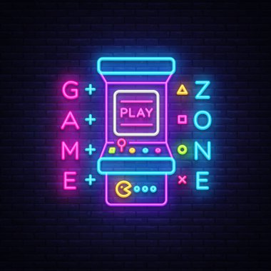 Oyun Zone Logo vektör Neon. Oyun oda neon tabela, oyun makinesi vektör tasarım şablonu, oyun endüstrisi reklam, banner, parlak gece neon tasarım öğesi ışık. Vektör sanat