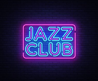 Caz kulübü neon işareti vektör. Caz müzik tasarım şablonu neon tabela, ışık afiş, neon tabela, parlak reklam her gece. Vektör çizim