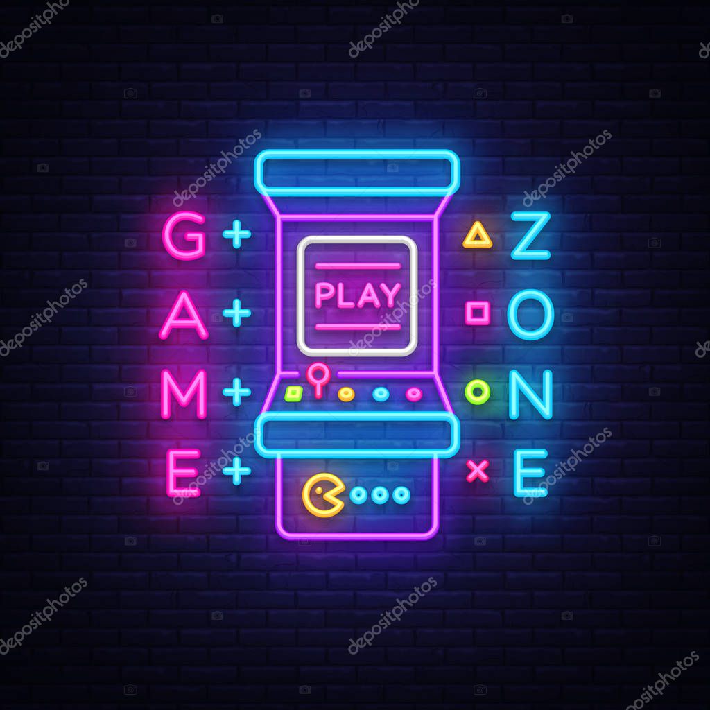 Game Zone Logo Vector Neon. Game Room neon sign board, design template, Gaming industry advertising, Gaming Machine vector, light banner, bright night neon design element. Vector Art.