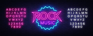 Rock müzik vektör Neon. Rock müzik Neon tabela, gece parlak işareti, ışık afiş, Neon gece canlı müzik promosyon, gece hayatı vektör. Metin neon işareti düzenleme