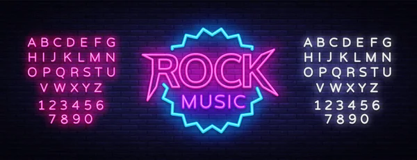 Rockmusik Vektor Neon. Rockmusik Leuchtreklame, helle Nacht Zeichen, Licht Banner, Neon Nacht Live-Musik Förderung, Nachtleben Vektor. Bearbeiten von Text Leuchtreklame — Stockvektor