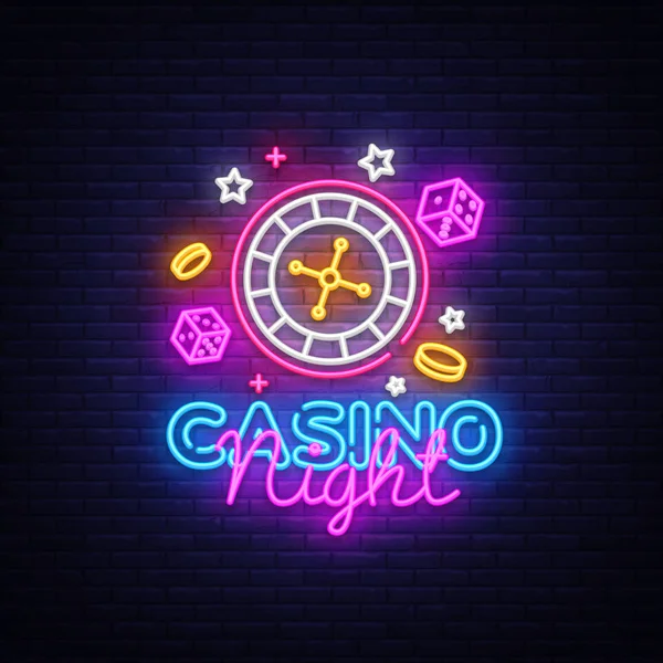 Vector de logotipo de neón de noche de casino. Signo de neón del casino, plantilla de diseño, diseño de tendencia moderna, letrero de neón del casino, publicidad brillante nocturna, banner de luz, arte ligero. Ilustración vectorial — Vector de stock