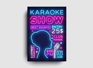 Karaoke tasarım poster vektör. Karaoke partisi tasarım şablonu ilanı, Neon tarzı, Karaoke Show broşür, Neon afiş, ışık el ilanı, konser davetiyesi, canlı müzik, gece parti daveti. Vektör